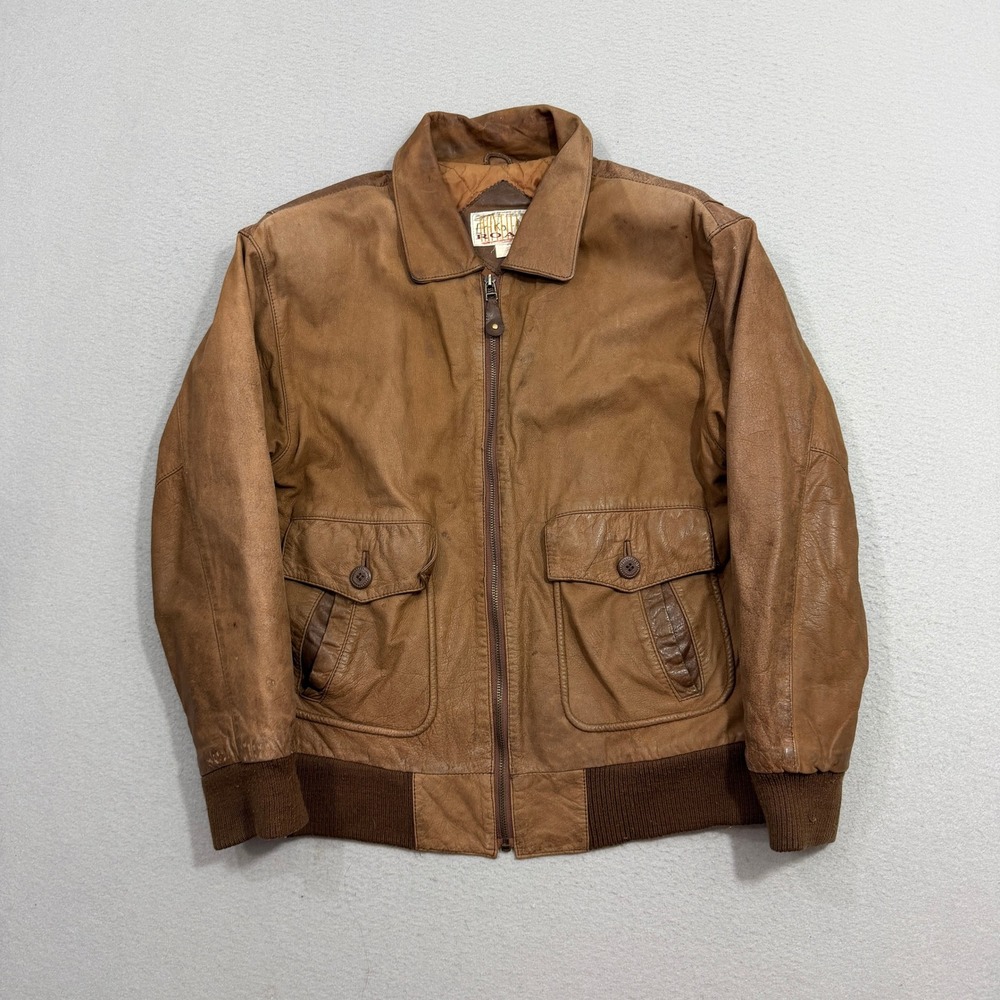Vintage Hayfield Road Jacket Medium Brown Bomber Genuine Leather Quilted Pockets